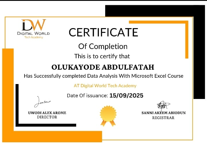 Data Analysis with Microsoft Excel — Digital World Tech Academy certificate