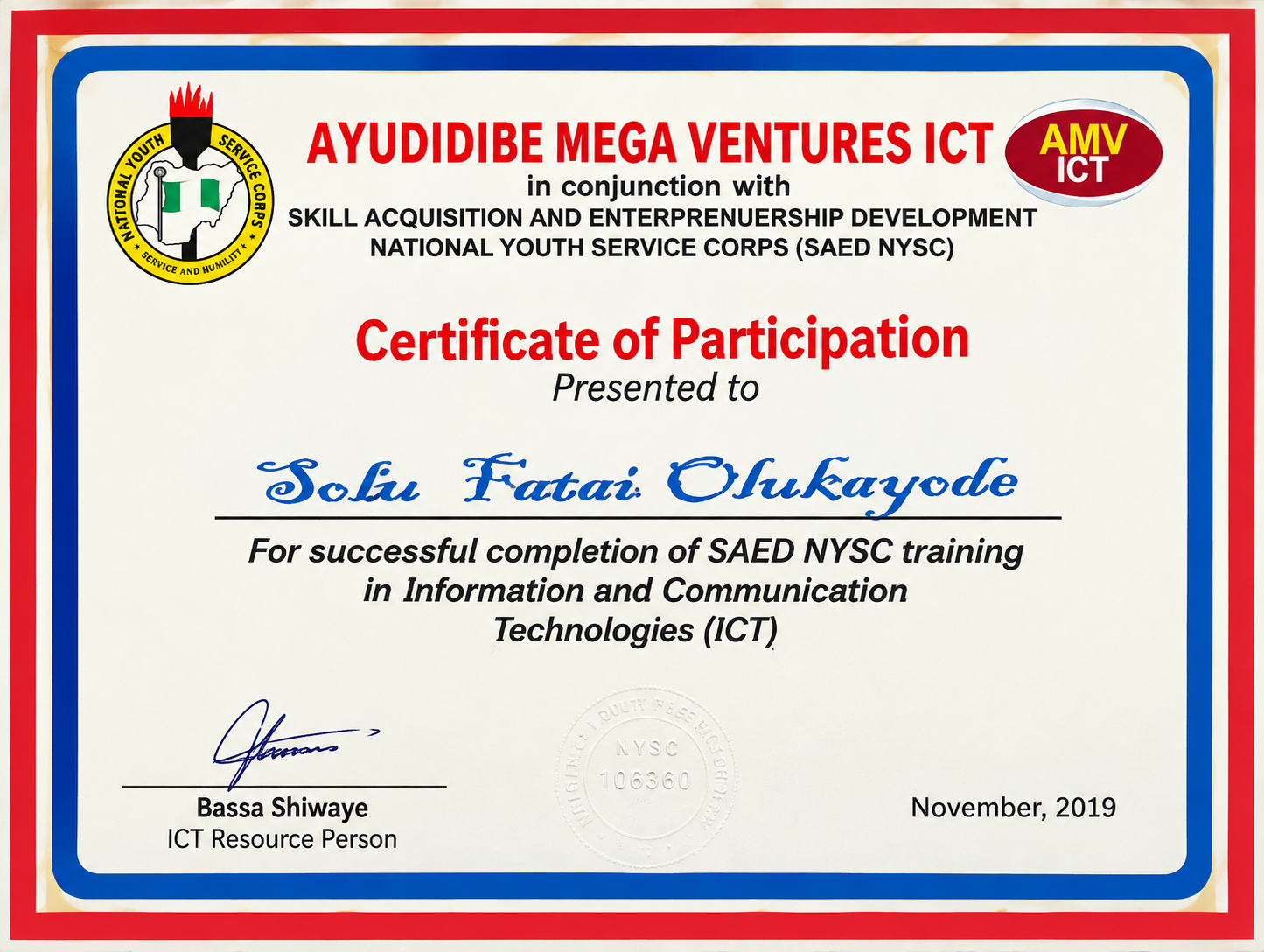 Information and Communication Technologies — SAED NYSC certificate