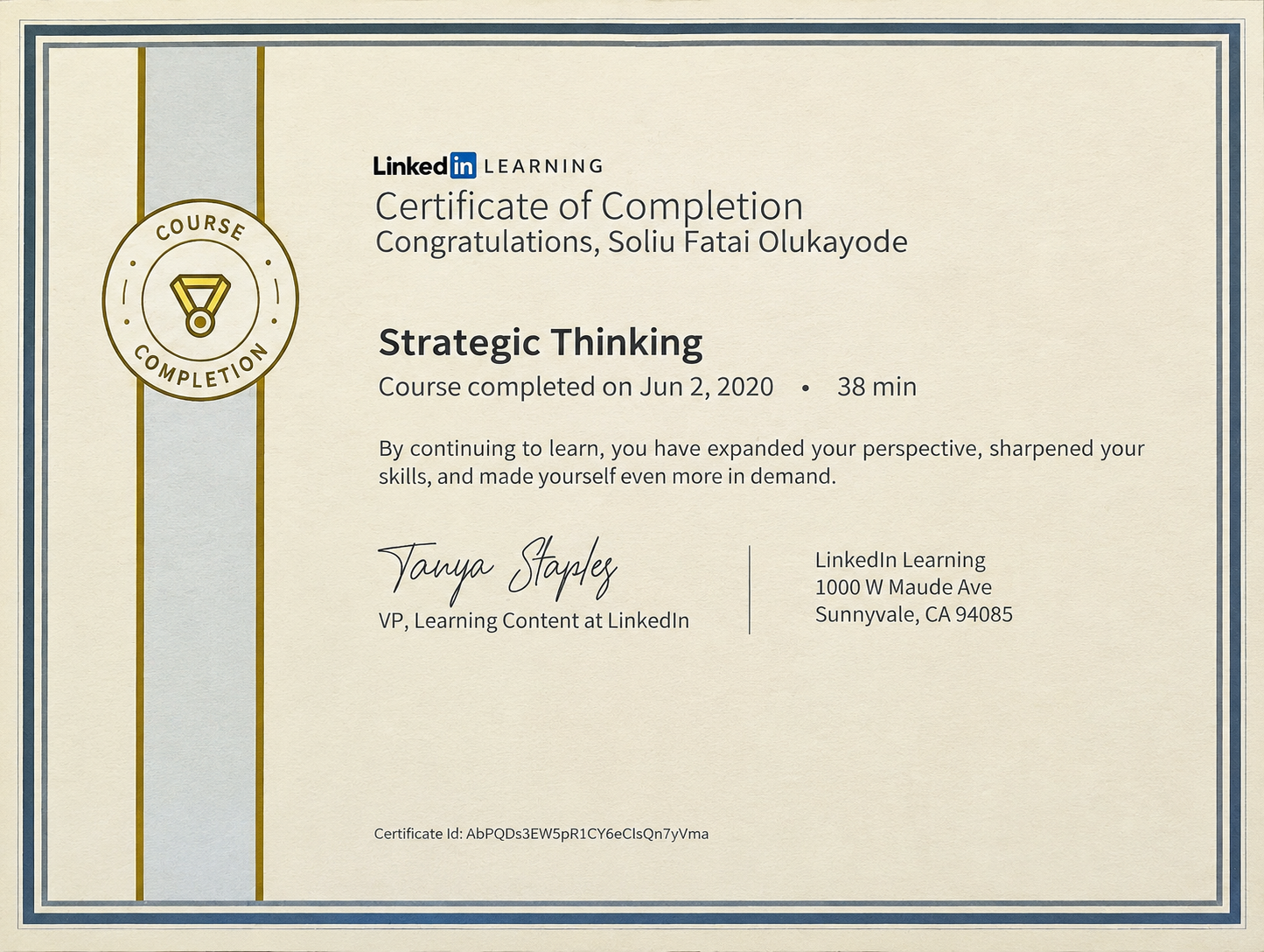 Strategic Thinking — LinkedIn Learning certificate